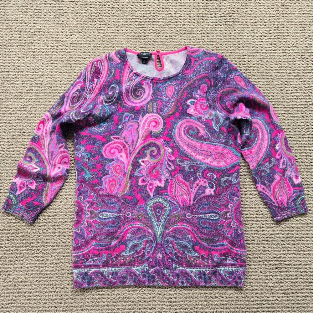 Talbots Petites SP 100% Cashmere Sweater Audrey Paisley Crew Neck Colorful artsy